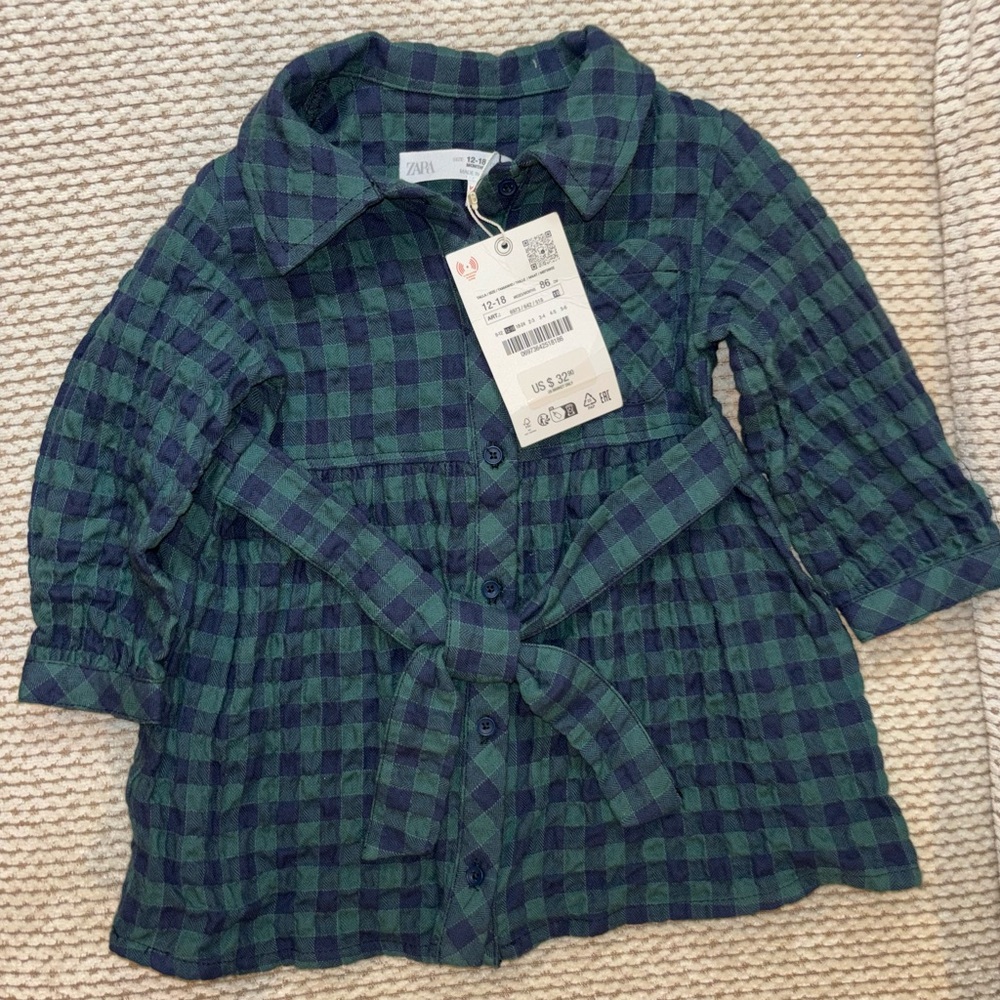NWT Zara Baby Girl Blue and Green Checkered Button Down Dress 12-18M